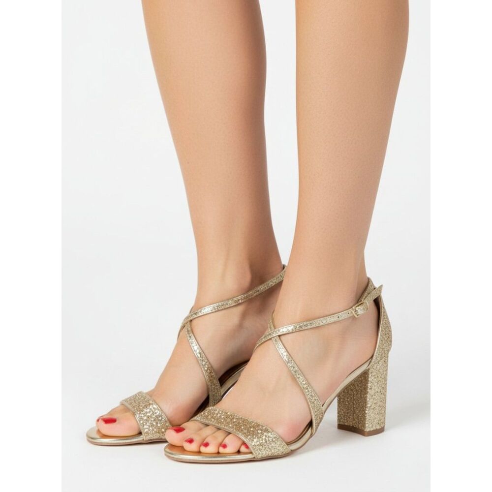 Badgley Mischka Gold Sequins Block Heel Ankle Strap Sandal Heel Shoes 12